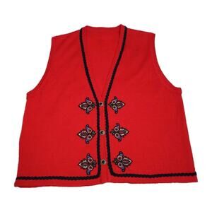 Vintage Red Knit Sweater Vest Women’s S Embroidered Floral Pattern Gold 90s Boho